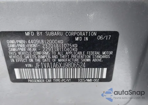 2018 Subaru Wrx z USA, uszkodzony, nr VIN JF1VA1A6XJ9806524